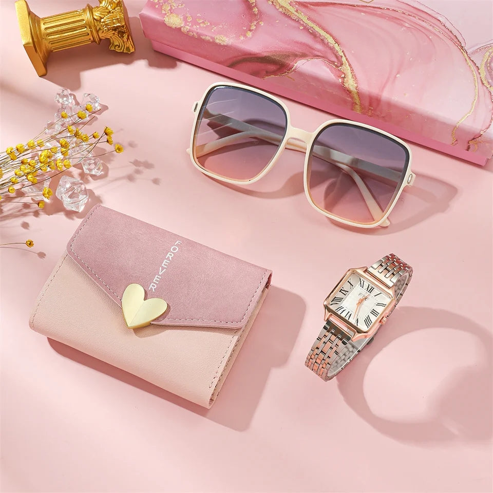 Regalo para Mujeres de 3 Piezas:  Billetera, Gafas de Sol y Reloj