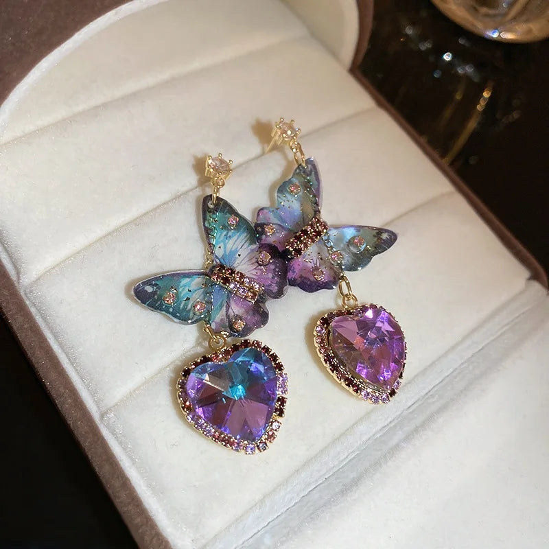 Pendientes Diseño de Mariposa y Corazón Púrpura