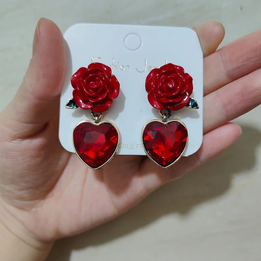 Pendientes Diseño Vintage de Rosa y Corazón de Cristal