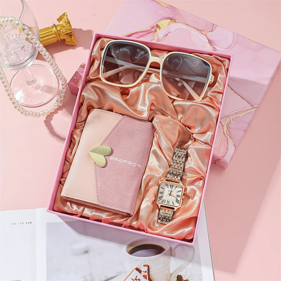 Regalo para Mujeres de 3 Piezas:  Billetera, Gafas de Sol y Reloj