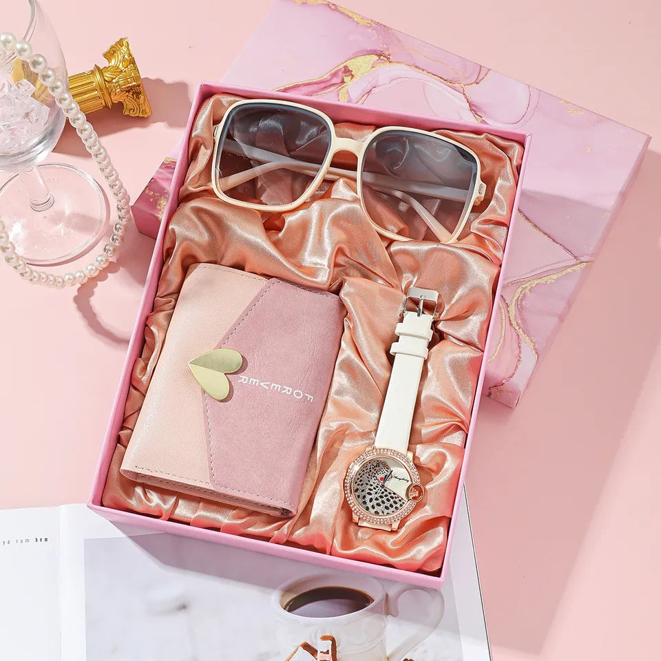 Regalo para Mujeres de 3 Piezas:  Billetera, Gafas de Sol y Reloj