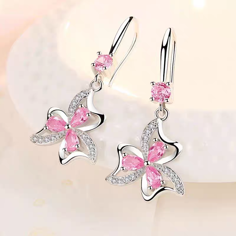 Pendientes de Flor Rosa en Plata Ley 925