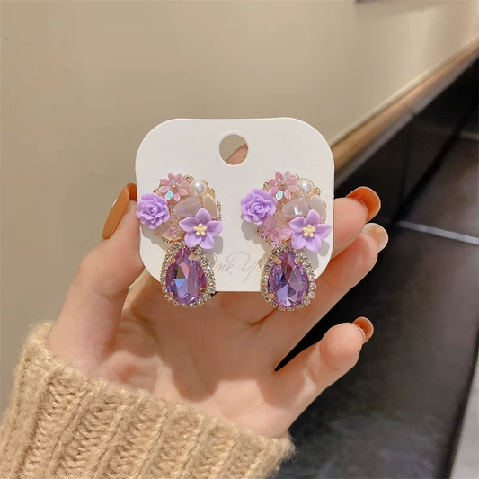 (Copia) Pendientes Diseño de Flores Lila y Gota Púrpura